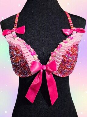 Pink Rhinestone Costume Bra for Burlesque, Rave, Photoshoot